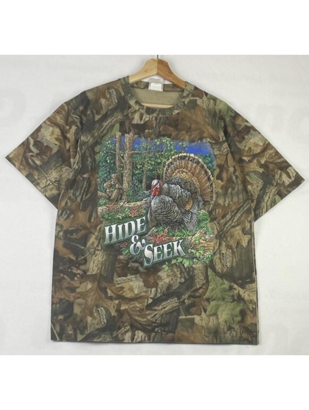 Vtg Buck Wear Advantage Timber Camo Hide Seek Turkey Single Stitct T Shirt Sz L